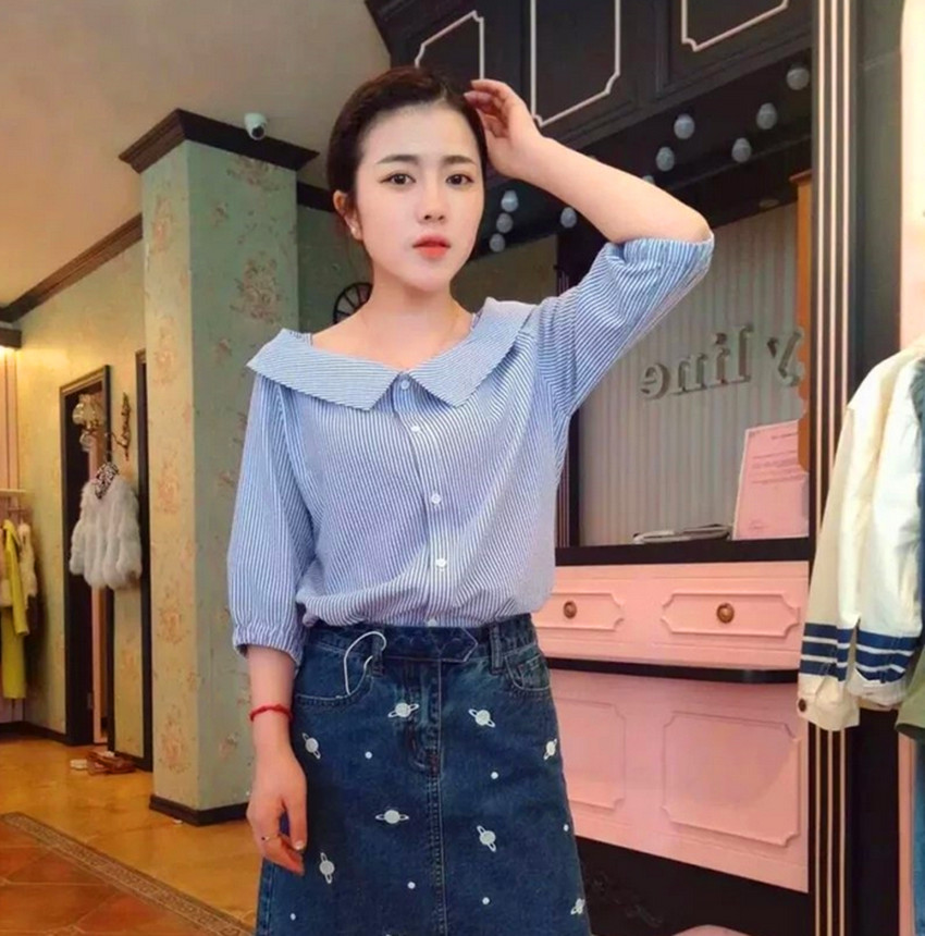 2017春季新款韓版甜美一字領條紋中袖襯衫女學生小清新襯衣女